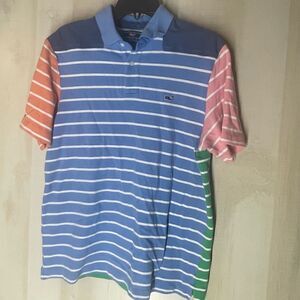 Vineyard Vines blue green‎ pink white shirt sleeve striped polo shirt, medium